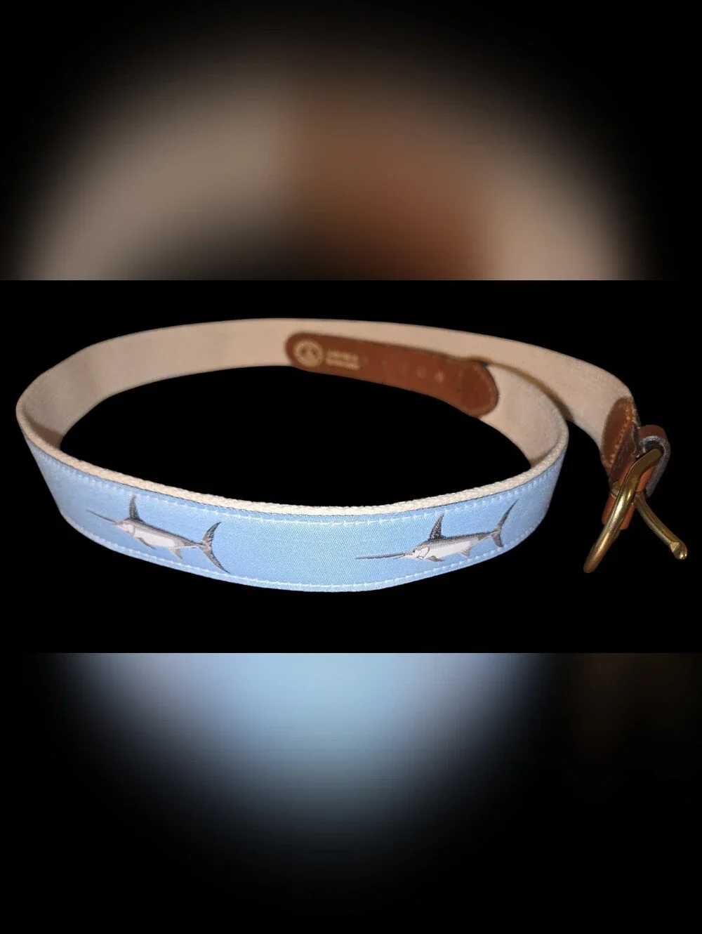 The Leather Man LTD Blue Canvas And Leather Belt, Swordfish Ocean Beach Sz 42